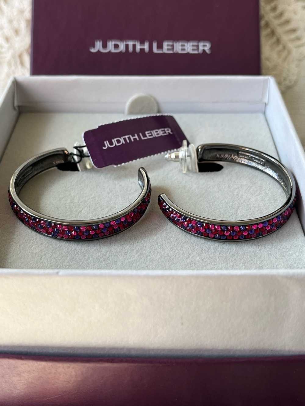 Judith Leiber “Paparazzi” Fuchsia Swarovski Crystals Pavé Hoop Earrings, NWT